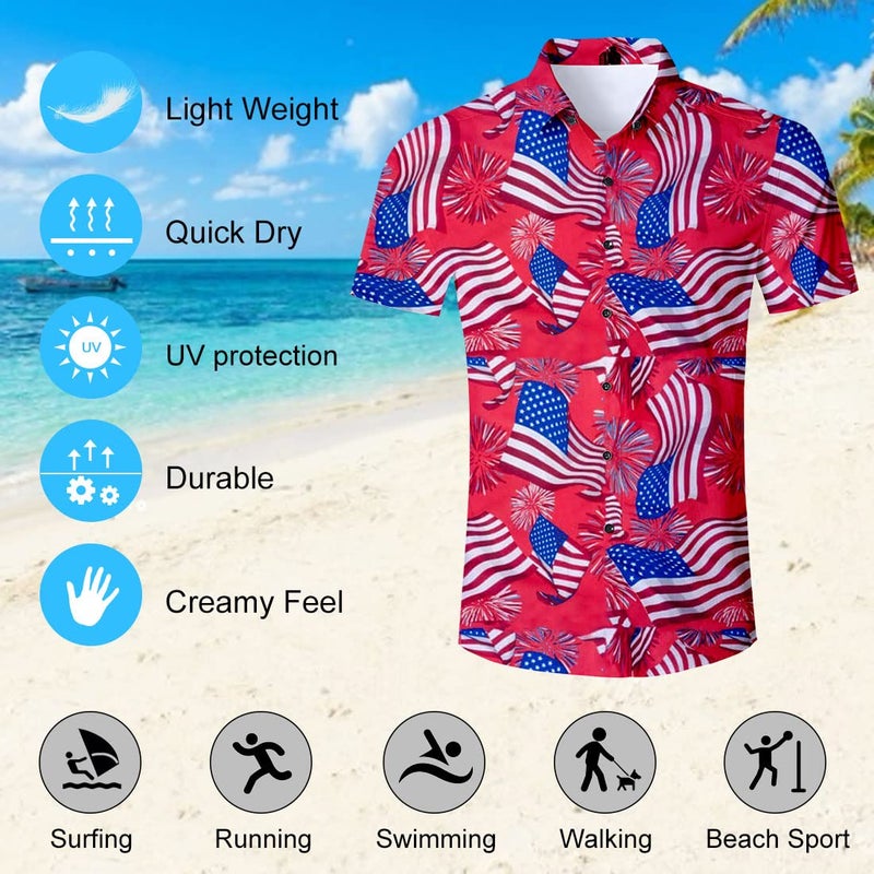uideazone Independence Day Shirt for Men American Flag Firework Printed Button Up Shirt Casual Short Slevee Dress Shirt - Image 5